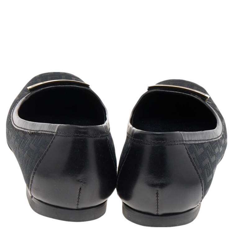 Pre Owned Fendi Black Zucca Canvas And Leather Square Toe Logo Ballet Flats Size 37