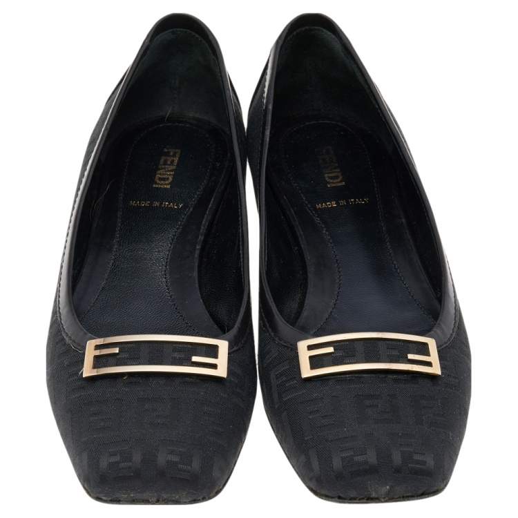 Pre Owned Fendi Black Zucca Canvas And Leather Square Toe Logo Ballet Flats Size 37