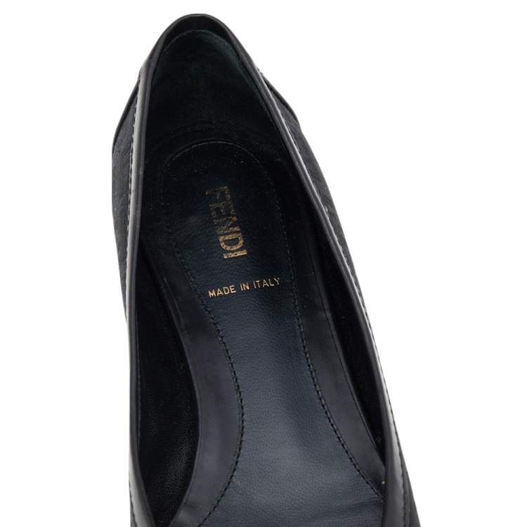 Pre Owned Fendi Black Zucca Canvas And Leather Square Toe Logo Ballet Flats Size 37