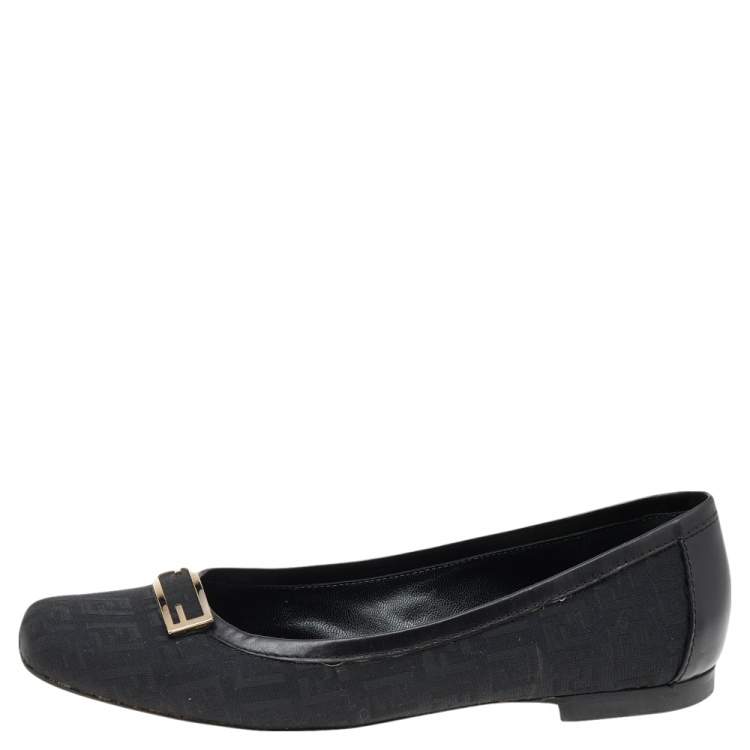 Pre Owned Fendi Black Zucca Canvas And Leather Square Toe Logo Ballet Flats Size 37
