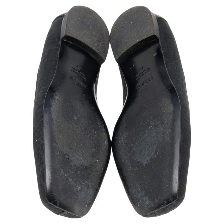 Pre Owned Fendi Black Zucca Canvas And Leather Square Toe Logo Ballet Flats Size 37
