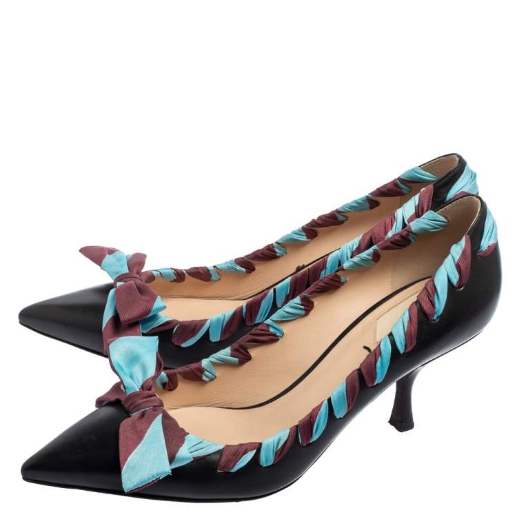 Pre Owned Fendi Black Leather And Woven Fabric Bow Pointed-Toe Pumps Size 38 