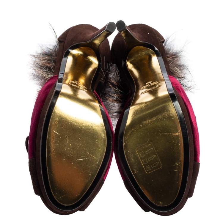 مملوكة مسبقًا Fendi Burgundy/Brown Velvet, Suede and Fur Trim Lace-Up Peep-Toe Ankle Booties Size 40