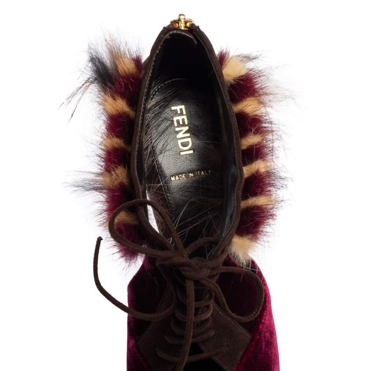 مملوكة مسبقًا Fendi Burgundy/Brown Velvet, Suede and Fur Trim Lace-Up Peep-Toe Ankle Booties Size 40
