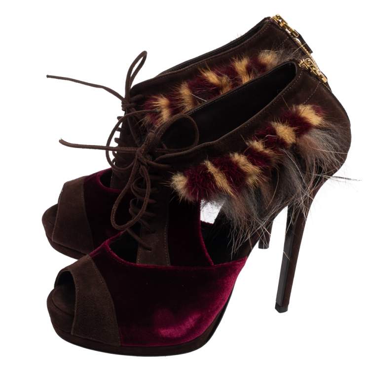 مملوكة مسبقًا Fendi Burgundy/Brown Velvet, Suede and Fur Trim Lace-Up Peep-Toe Ankle Booties Size 40