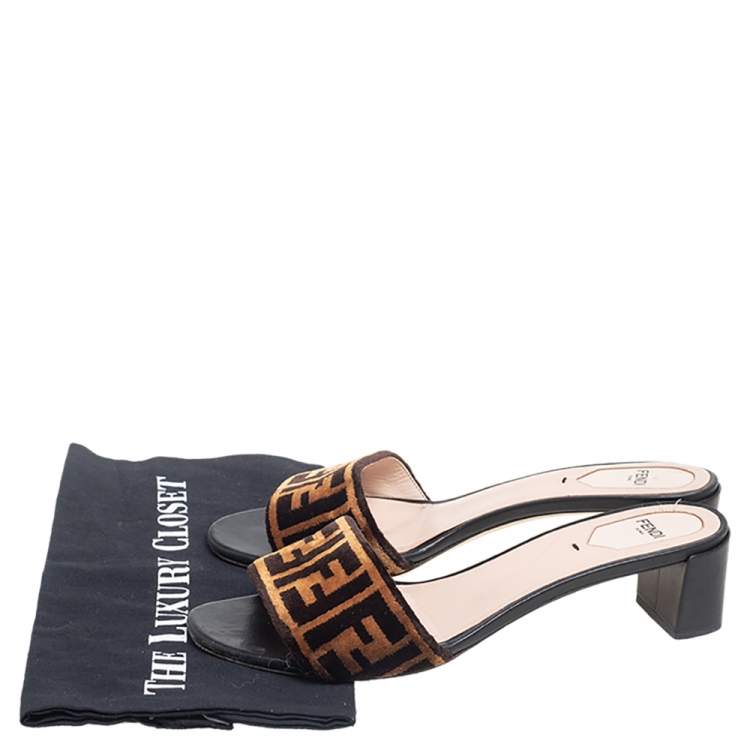 Pre Owned Fendi Brown FF Zucca Velvet Slide Sandals Size 40