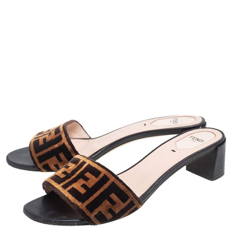 Pre Owned Fendi Brown FF Zucca Velvet Slide Sandals Size 40