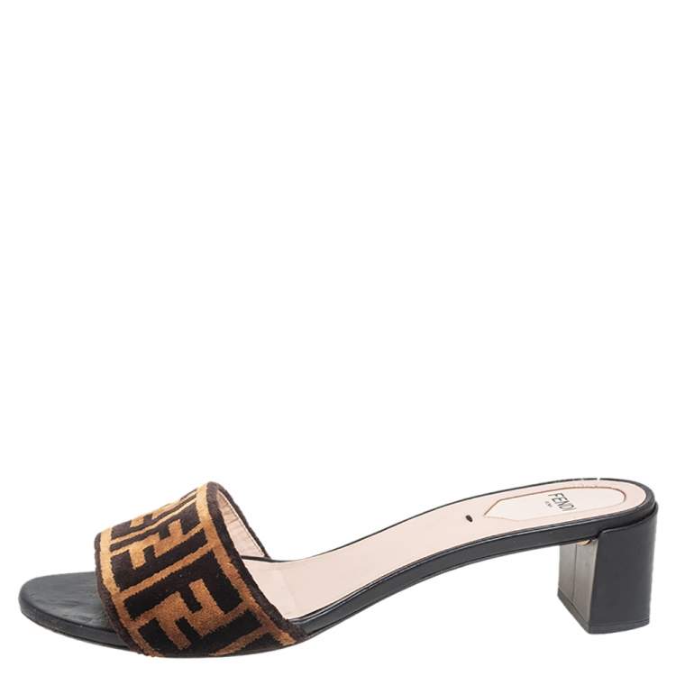 Pre Owned Fendi Brown FF Zucca Velvet Slide Sandals Size 40