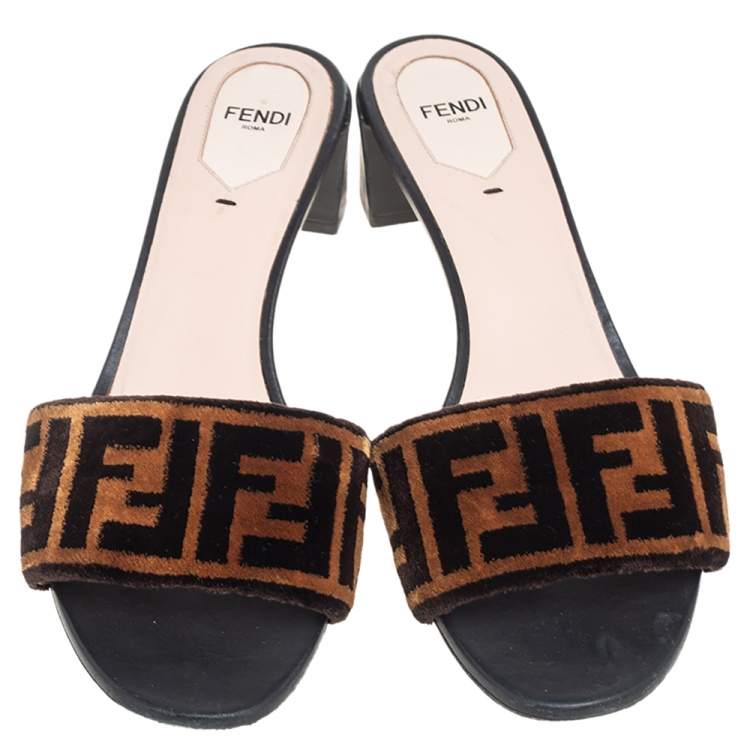 Pre Owned Fendi Brown FF Zucca Velvet Slide Sandals Size 40