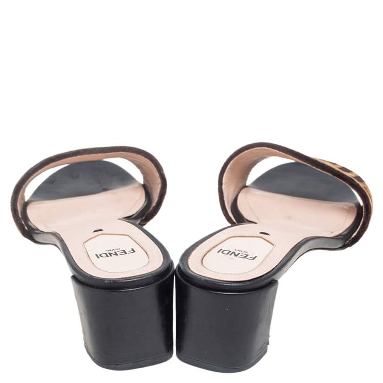 Pre Owned Fendi Brown FF Zucca Velvet Slide Sandals Size 40