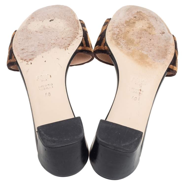 Pre Owned Fendi Brown FF Zucca Velvet Slide Sandals Size 40