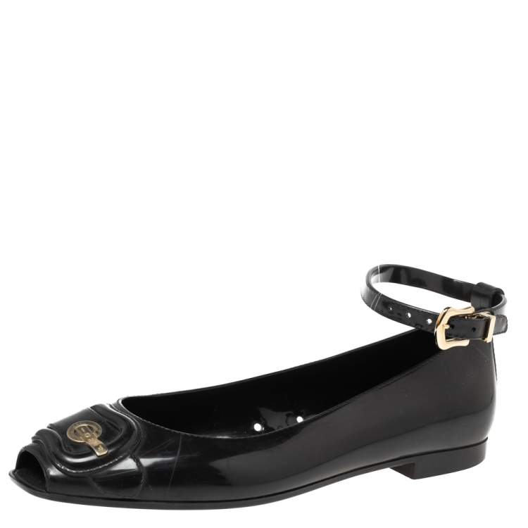 Pre Owned Fendi Black Jelly Peep Toe Ankle Strap Ballet Flats Size 36
