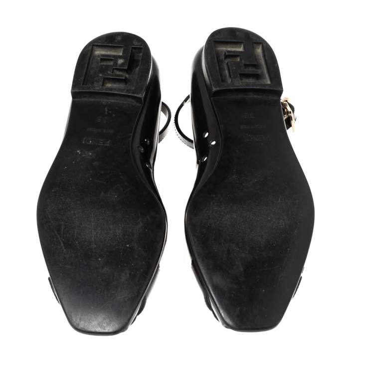 Pre Owned Fendi Black Jelly Peep Toe Ankle Strap Ballet Flats Size 36