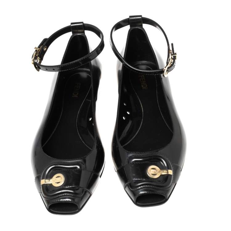 Pre Owned Fendi Black Jelly Peep Toe Ankle Strap Ballet Flats Size 36