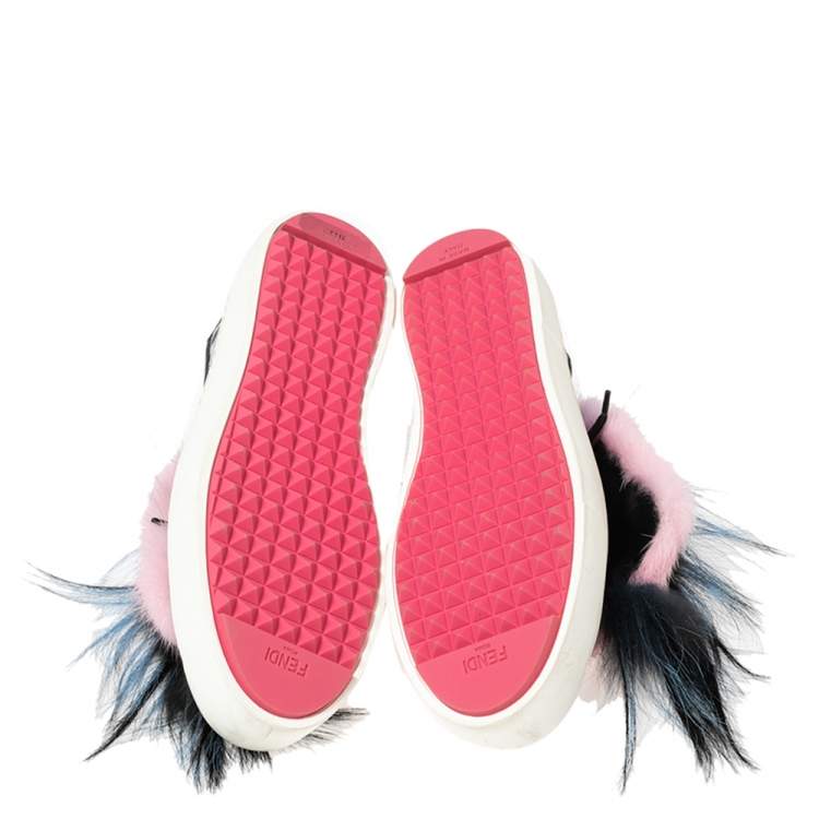 مملوكة مسبقًا Fendi Multicolor Printed Leather Faux Fur Flynn Low-Top Sneakers Size 38