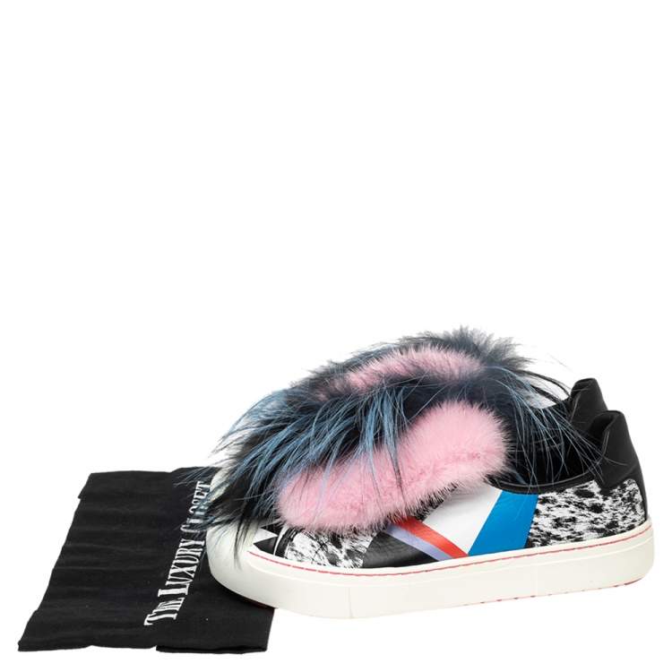 مملوكة مسبقًا Fendi Multicolor Printed Leather Faux Fur Flynn Low-Top Sneakers Size 38