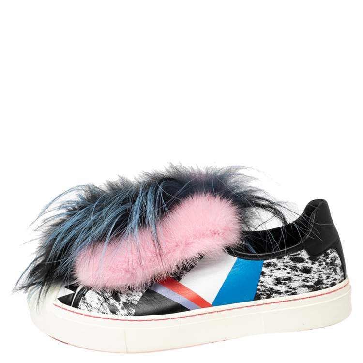 مملوكة مسبقًا Fendi Multicolor Printed Leather Faux Fur Flynn Low-Top Sneakers Size 38