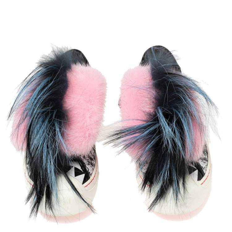 مملوكة مسبقًا Fendi Multicolor Printed Leather Faux Fur Flynn Low-Top Sneakers Size 38