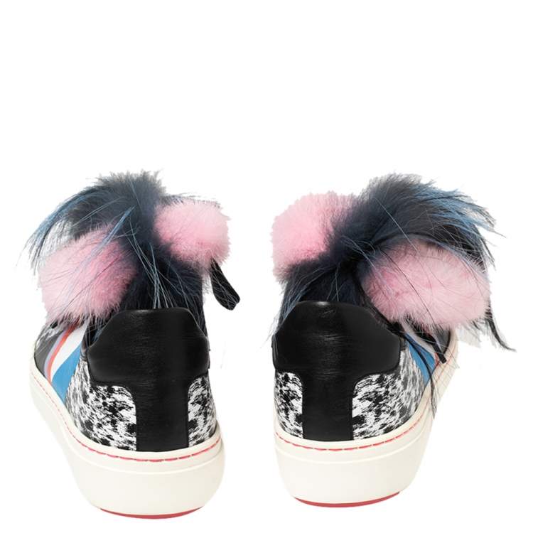 مملوكة مسبقًا Fendi Multicolor Printed Leather Faux Fur Flynn Low-Top Sneakers Size 38
