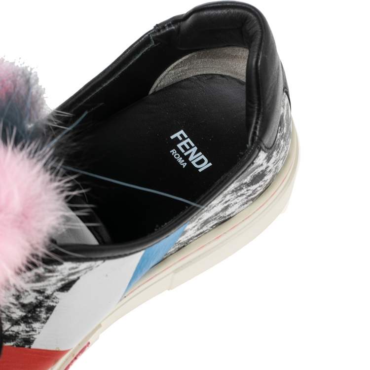مملوكة مسبقًا Fendi Multicolor Printed Leather Faux Fur Flynn Low-Top Sneakers Size 38