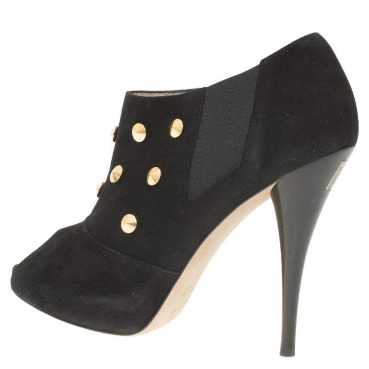 Pre Owned Fendi Black Studded Suede Platform Ankle Boots Size 37.5