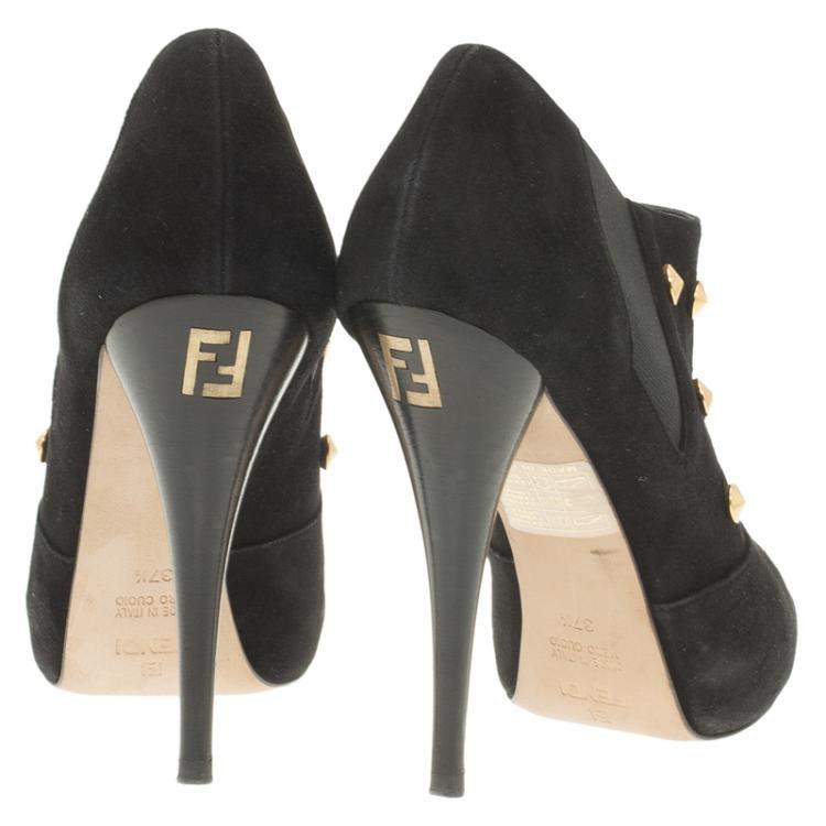 Pre Owned Fendi Black Studded Suede Platform Ankle Boots Size 37.5