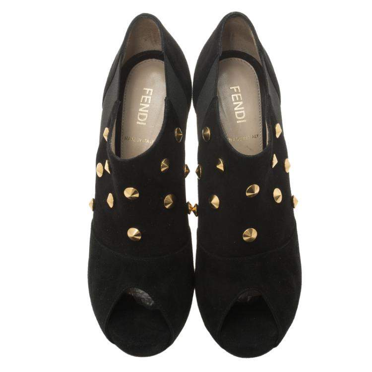 Pre Owned Fendi Black Studded Suede Platform Ankle Boots Size 37.5
