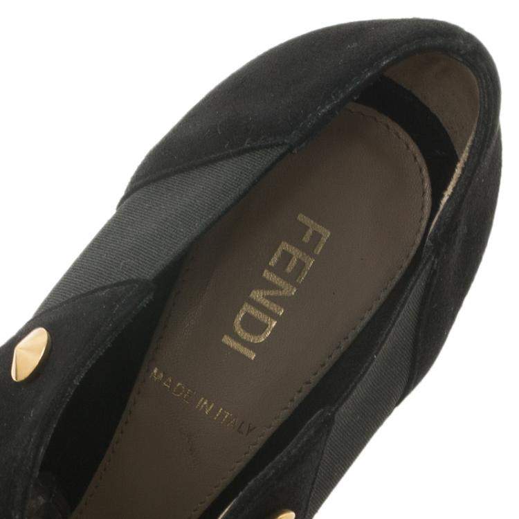 Pre Owned Fendi Black Studded Suede Platform Ankle Boots Size 37.5