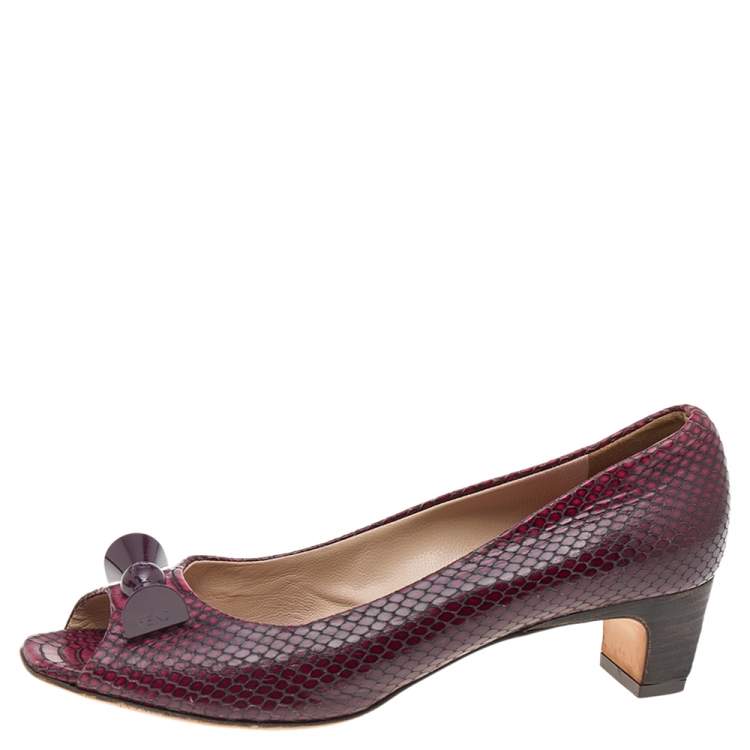 Pre Owned Fendi Two Tone Python Embossed Leather Peep Toe Block Heel Pumps Size 38