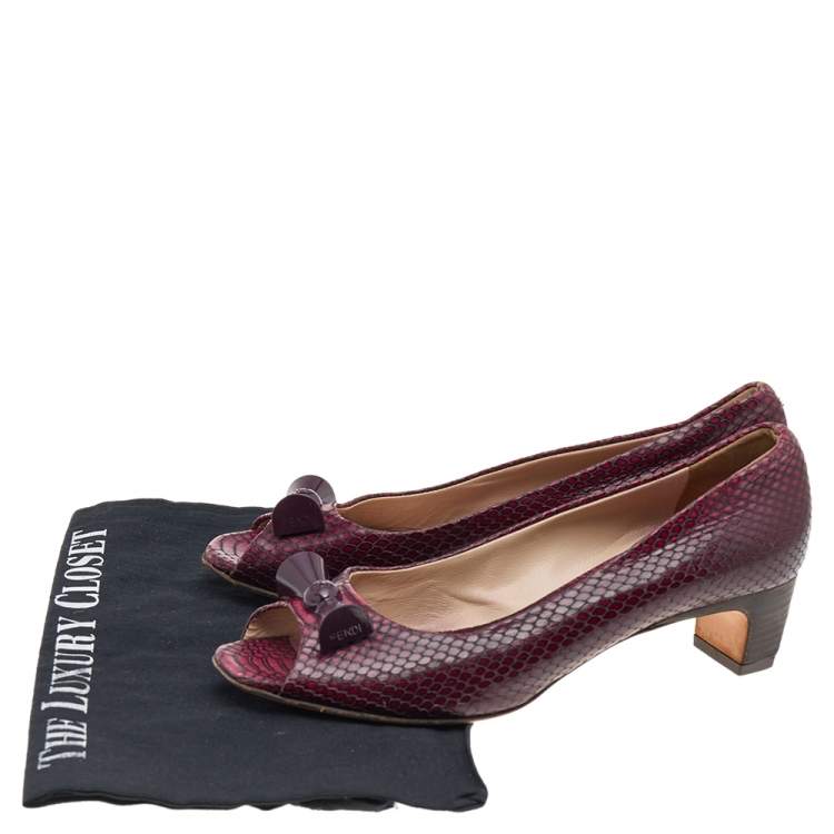 Pre Owned Fendi Two Tone Python Embossed Leather Peep Toe Block Heel Pumps Size 38