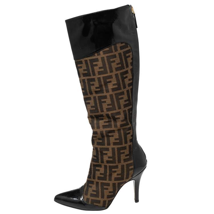Pre Owned Fendi Brown Logo Canvas and Patent Leather Pointed-Toe Calf Boots Size 37
