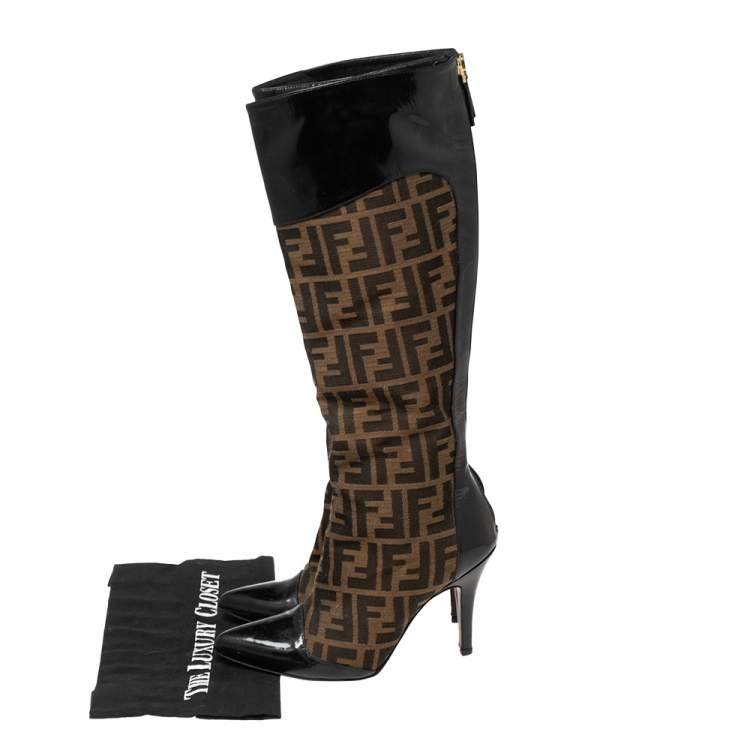 Pre Owned Fendi Brown Logo Canvas and Patent Leather Pointed-Toe Calf Boots Size 37