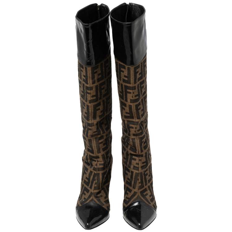 Pre Owned Fendi Brown Logo Canvas and Patent Leather Pointed-Toe Calf Boots Size 37