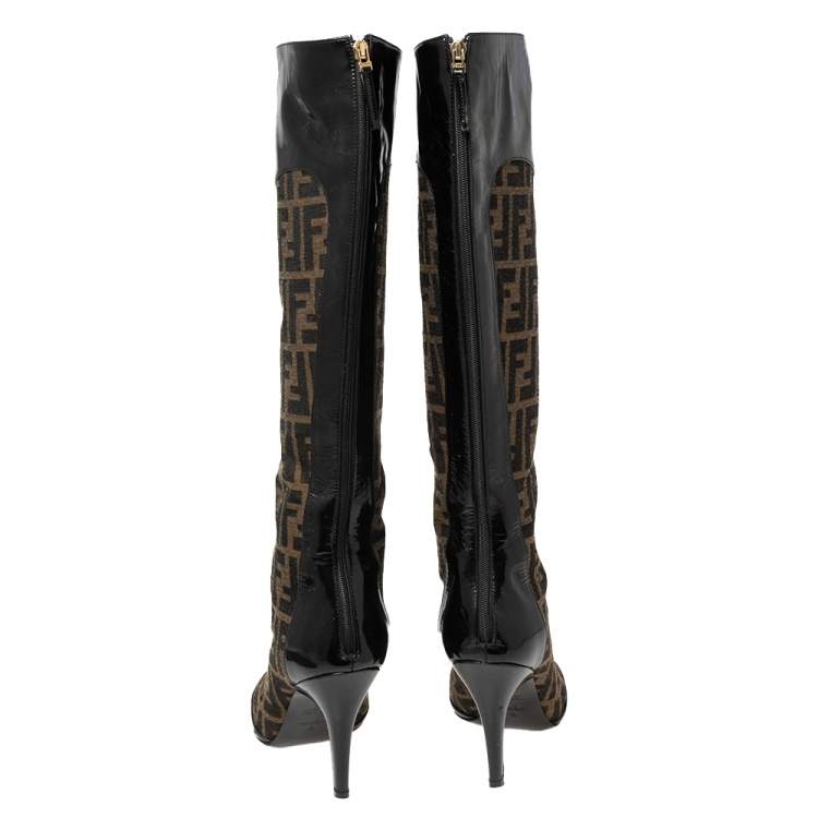 Pre Owned Fendi Brown Logo Canvas and Patent Leather Pointed-Toe Calf Boots Size 37