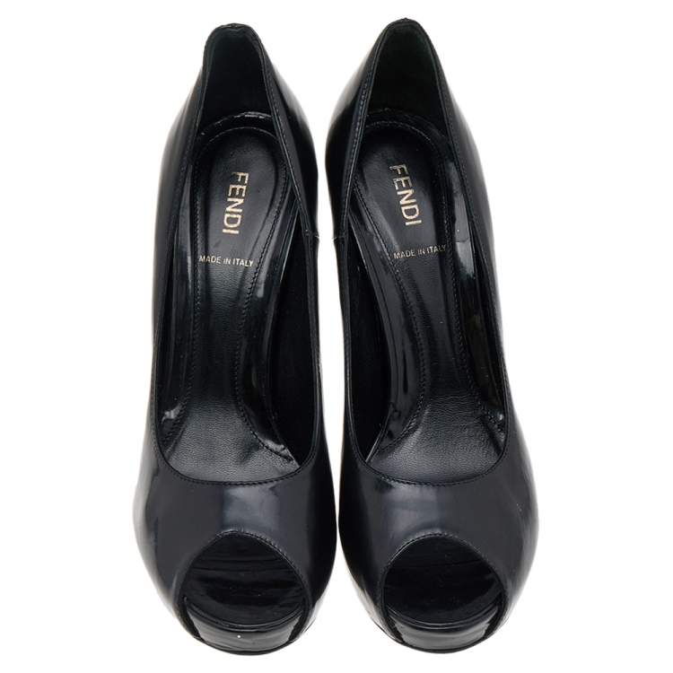 Pre Owned Fendi Black Patent Leather Zucchino Heel Peep Toe Platform Pumps Size 39