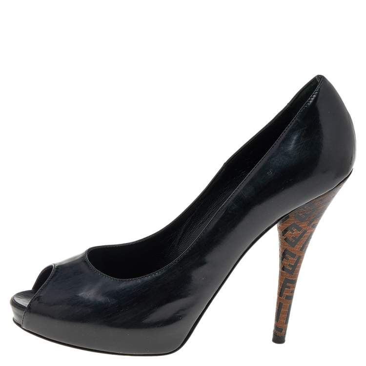 Pre Owned Fendi Black Patent Leather Zucchino Heel Peep Toe Platform Pumps Size 39