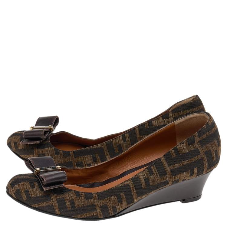 Pre Owned Fendi Brown FF Zucca Canvas And Leather Bow Wedge Pumps Size 38
