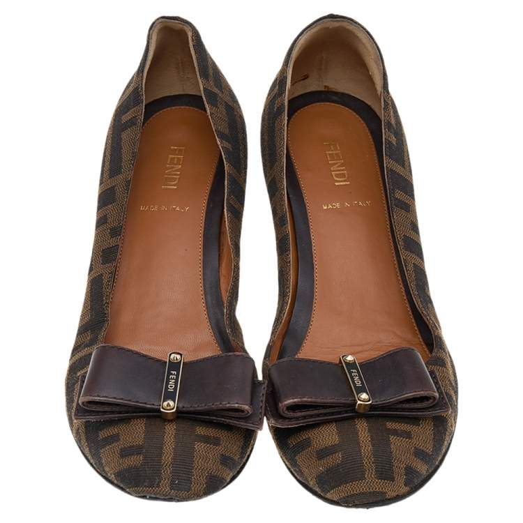 Pre Owned Fendi Brown FF Zucca Canvas And Leather Bow Wedge Pumps Size 38