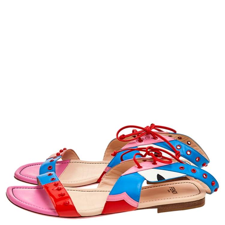 Pre Owned Fendi Multicolor Leather And Patent Leather Ankle Cuff Flat Sandals Size 37