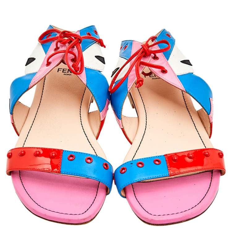 Pre Owned Fendi Multicolor Leather And Patent Leather Ankle Cuff Flat Sandals Size 37