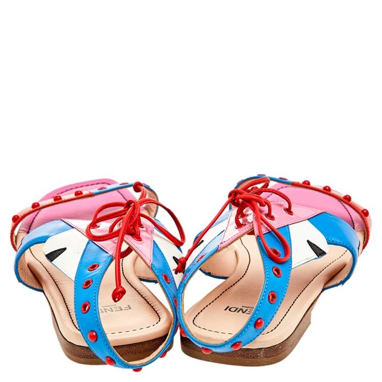 Pre Owned Fendi Multicolor Leather And Patent Leather Ankle Cuff Flat Sandals Size 37