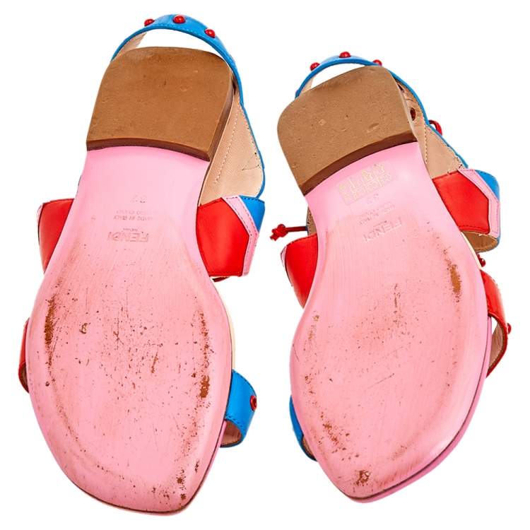 Pre Owned Fendi Multicolor Leather And Patent Leather Ankle Cuff Flat Sandals Size 37