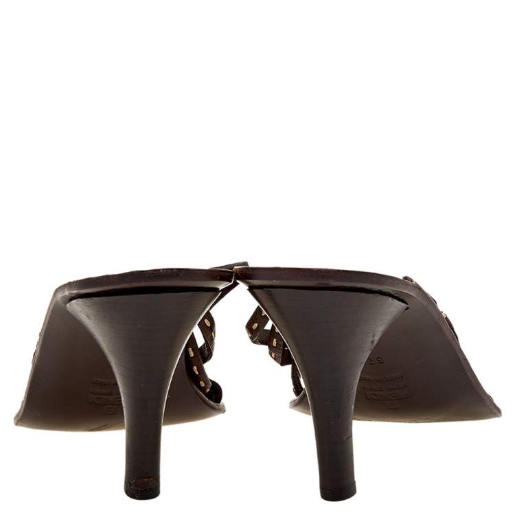 Pre Owned Fendi Dark Brown Leather Strappy Slide Sandals Size 39.5