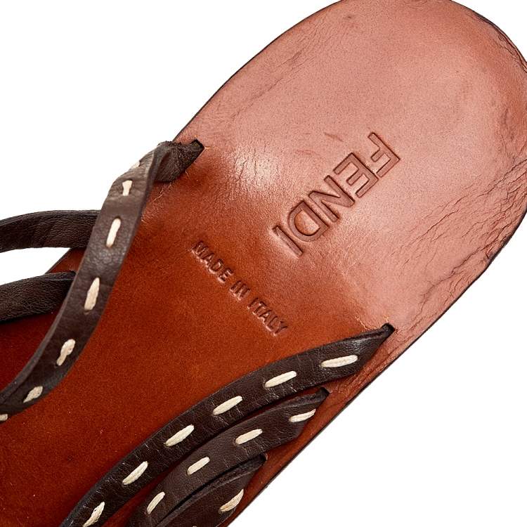 Pre Owned Fendi Dark Brown Leather Strappy Slide Sandals Size 39.5