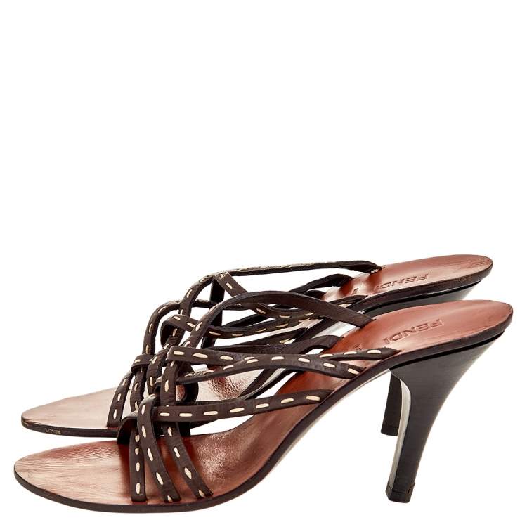 Pre Owned Fendi Dark Brown Leather Strappy Slide Sandals Size 39.5