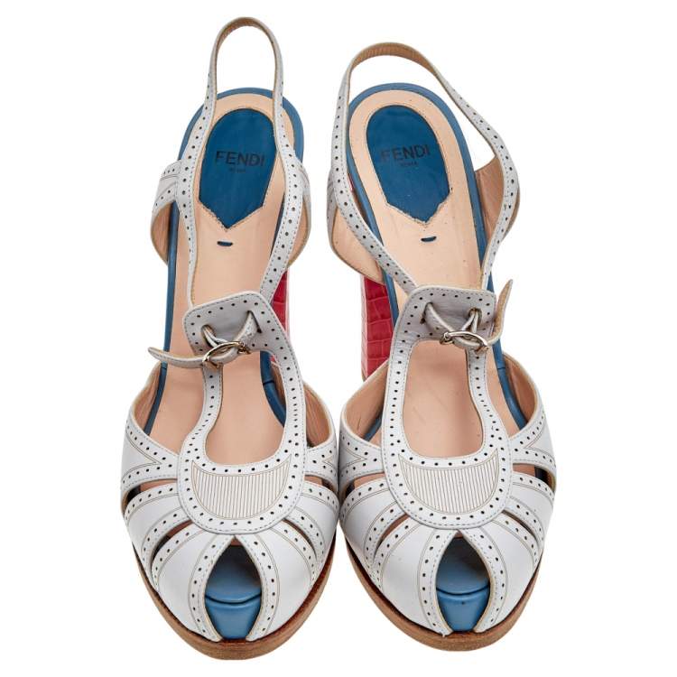 Pre Owned Fendi White Leather Ankle Strap Platform Sandals Size 40
