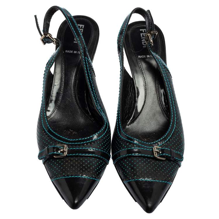 Pre Owned Fendi Black Perforated Leather Buckle Detail Pointed-Toe Slingback Pumps Size 38 