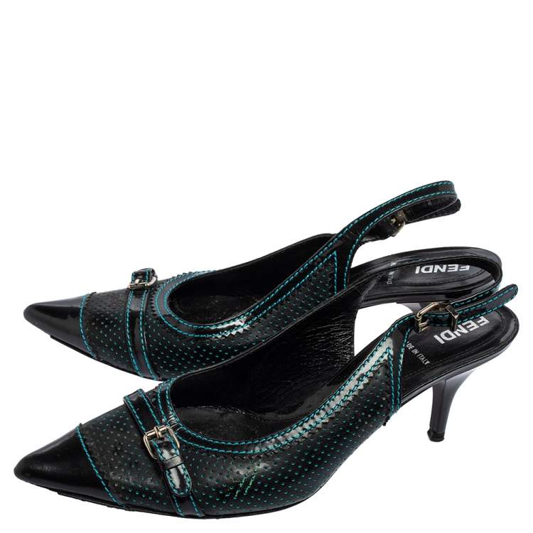 Pre Owned Fendi Black Perforated Leather Buckle Detail Pointed-Toe Slingback Pumps Size 38 