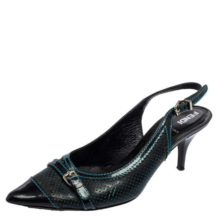 Pre Owned Fendi Black Perforated Leather Buckle Detail Pointed-Toe Slingback Pumps Size 38 