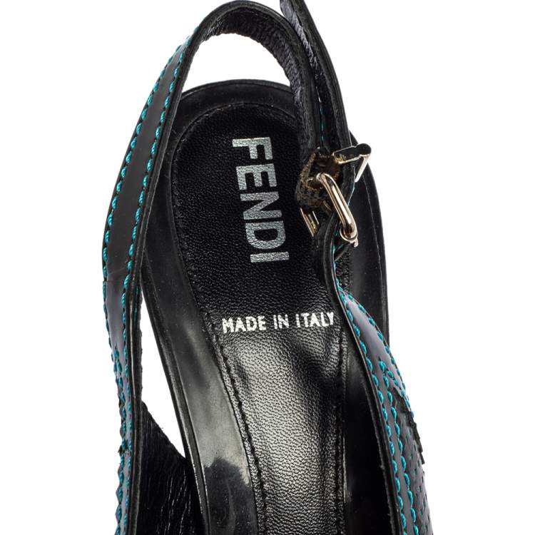Pre Owned Fendi Black Perforated Leather Buckle Detail Pointed-Toe Slingback Pumps Size 38 